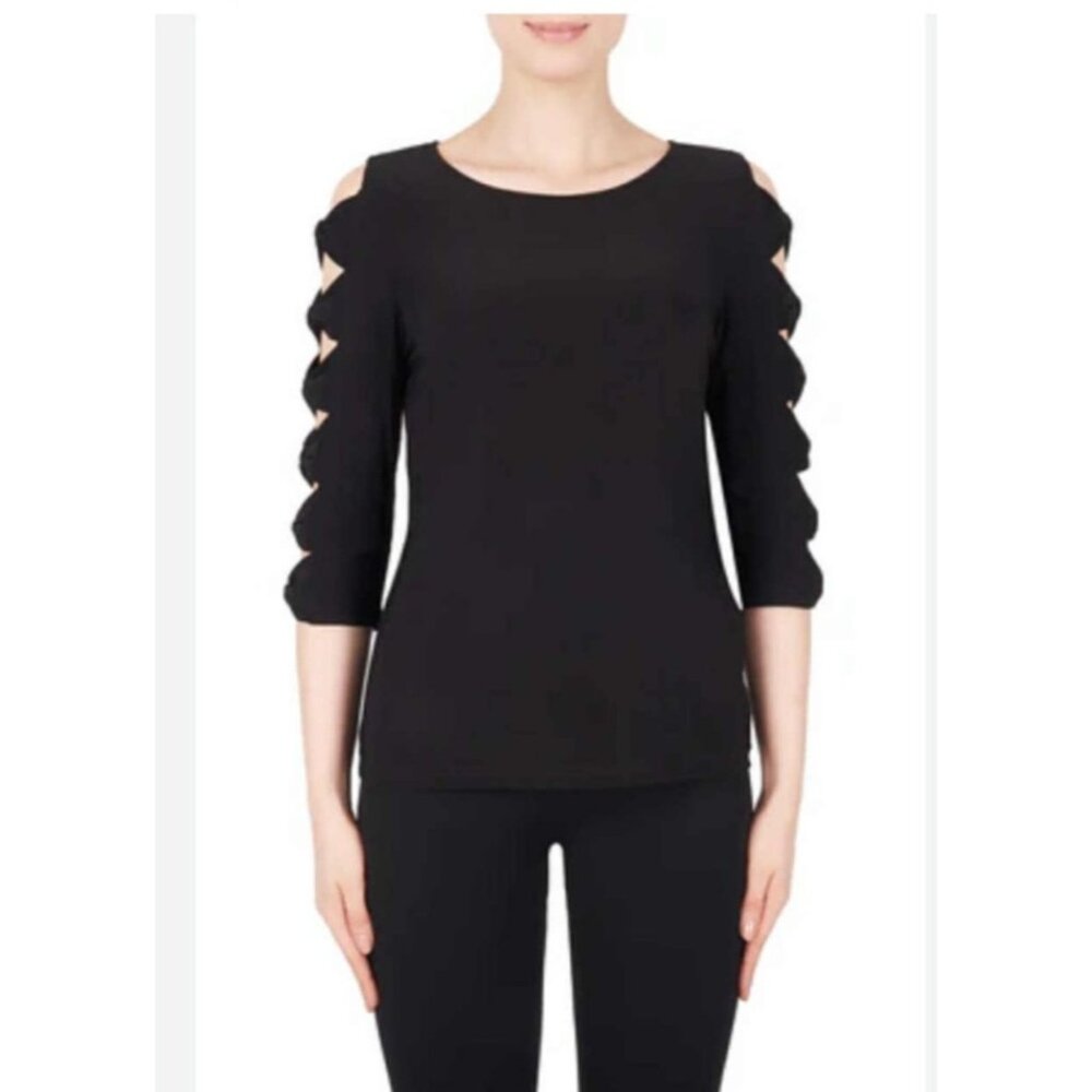 JOSEPH RIBKOFF Top Size 6 Black Cutout Bow 3/4 Sleeves Stretchy Jersey Knit